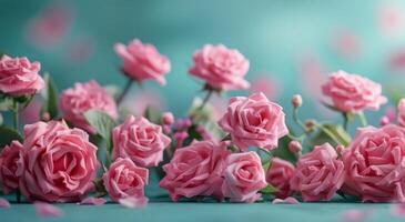 ai generado de la madre día saludo con rosado rosas en azul antecedentes foto