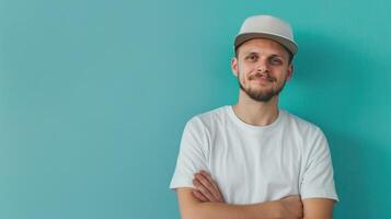 AI generated Handsome brutal man in a white shirt and construction cap photo