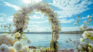 AI generated beautiful wedding arch of white flowers standing on the shore of the lake photo