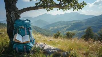 AI generated hiking backpack and book under a tree with mountains in background photo