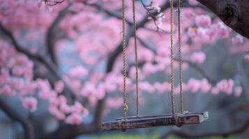AI generated Rope swing hanging on a branch of a large cherry blossom tree photo