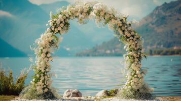 AI generated beautiful wedding arch of white flowers standing on the shore of the lake photo