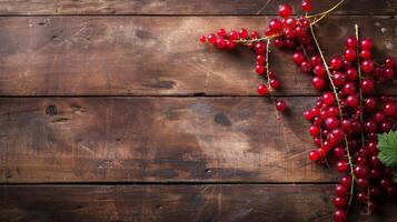 AI generated Red currant berries lie on a rustic wooden table photo