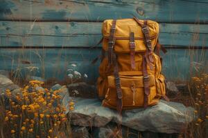 AI generated hiking backpack and book under a tree with mountains in background photo