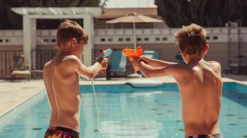 ai generado dos Niños disparar cada otro con agua pistolas en frente de un nadando piscina foto