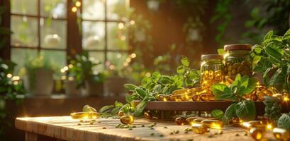 AI generated health supplements and herbs at the table on a wooden table photo