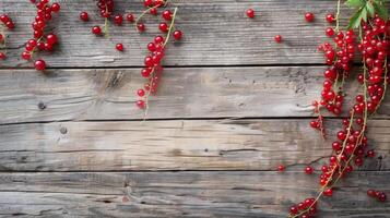 AI generated Red currant berries lie on a rustic wooden table photo