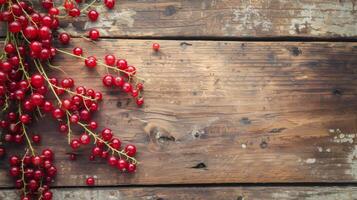 AI generated Red currant berries lie on a rustic wooden table photo