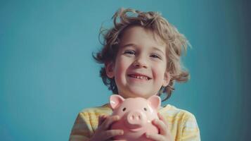 AI generated Happy boy holding a pink pig piggy bank in his hands. photo