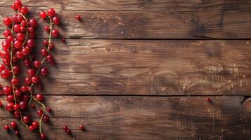 AI generated Red currant berries lie on a rustic wooden table photo