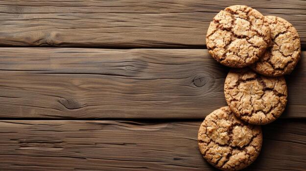 AI generated Fresh round shaped oatmeal cookies lie on a wooden table photo