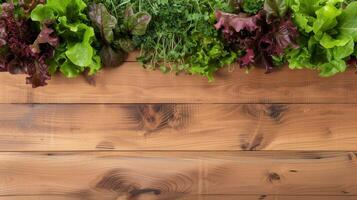 AI generated Salad tray growing on a wooden bed photo