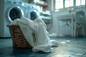 AI generated basket of laundry towels on floor in front of washing machine photo