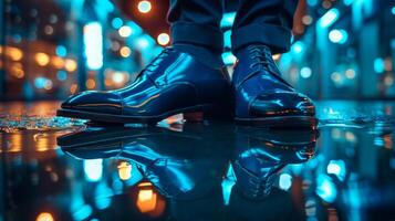 ai generado el reflexión de ciudad luces en pulido cuero zapatos, un moderno urbano giro en clásico elegancia foto