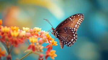 ai generado el intrincado detalles de un de mariposa probóscide, delicadamente bebiendo néctar desde un flor foto