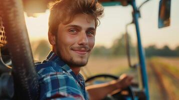 ai generado joven hermoso tractor conductor mira a el cámara y sonrisas foto