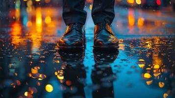 AI generated The reflection of city lights in polished leather shoes, a modern urban twist on classic elegance photo