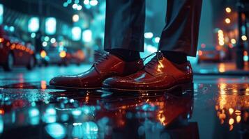 ai generado el reflexión de ciudad luces en pulido cuero zapatos, un moderno urbano giro en clásico elegancia foto