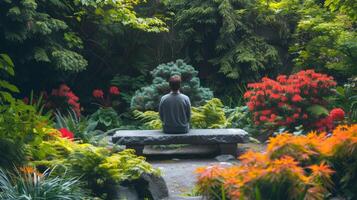 AI generated A tranquil garden oasis, with a person sitting on a stone bench against a backdrop of lush foliage and blooming flowers. photo