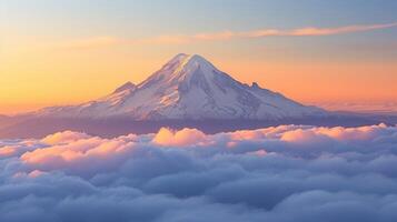 ai generado un nevadas pico perforación el nubes, sus majestuoso cumbre bañado en el suave resplandor de amanecer primero ligero. foto