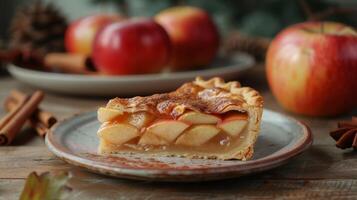 AI generated A slice of homemade apple pie, flaky crust cradling tender slices of cinnamon-spiced fruit. photo