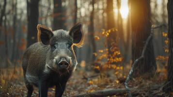 AI generated Wild boar stands in the forest and looks at the camera large copyspace area photo