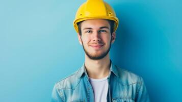 ai generado un joven hermoso hombre en un amarillo construcción casco. foto