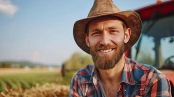 ai generado joven hermoso tractor conductor mira a el cámara y sonrisas foto