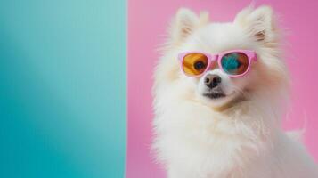 ai generado gracioso blanco mullido perro vestido en el estilo de un disco bailarín foto