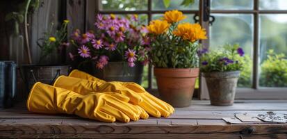 ai generado amarillo caucho guantes apilado en parte superior de en conserva flores foto