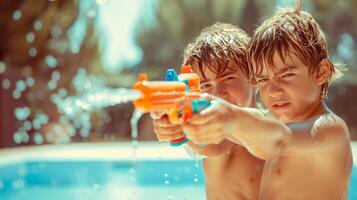 ai generado dos Niños disparar cada otro con agua pistolas en frente de un nadando piscina foto