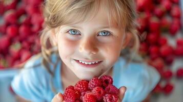 AI generated Beautiful close-up photograph of a 10-year-old girl stretching her arms forward with palms full of bright red juicy raspberries photo