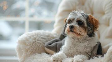 AI generated dog that sits on a white fluffy chair photo