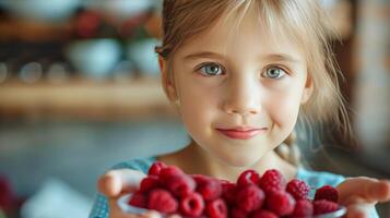 AI generated Beautiful close-up photograph of a 10-year-old girl stretching her arms forward with palms full of bright red juicy raspberries photo