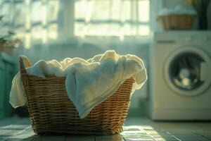 AI generated basket of laundry towels on floor in front of washing machine photo