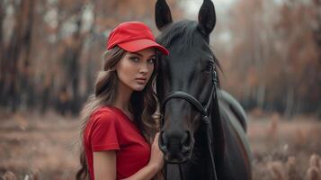 ai generado un joven hermosa mujer en un rojo gorra y de pablo rojo camiseta soportes cerca un hermosa negro caballo y golpes eso foto