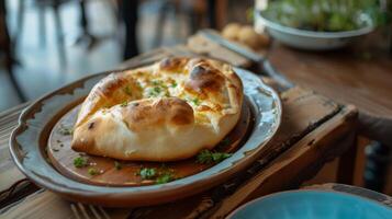 ai generado delicioso calentar estilo adjariano khachapuri en un plato en un georgiano restaurante foto