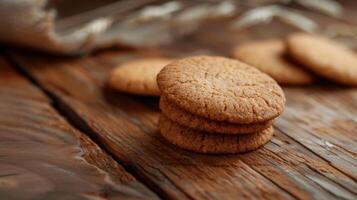 ai generado Fresco redondo conformado harina de avena galletas mentira en un de madera mesa foto