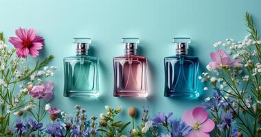 AI generated 3 bottles of perfume on a blue background photo