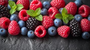 AI generated Minimalist elegance meets the allure of summer berries like raspberries, blueberries photo