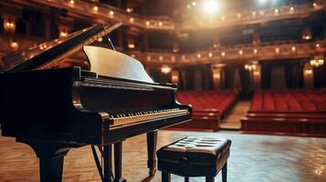 ai generado un grandioso piano en un elegante concierto sala, esperando el del pianista toque a llenar el espacio con melodía foto