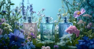 AI generated 3 bottles of perfume on a blue background photo