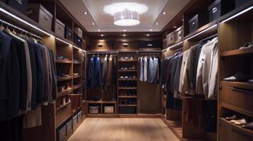 AI generated Beautiful modern dressing room of a lonely man, large copyspace area photo