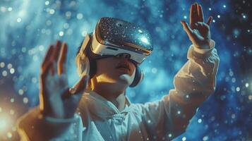 AI generated A person immersed in virtual reality, reaching out to touch unseen worlds with VR goggles photo