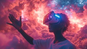 AI generated A person immersed in virtual reality, reaching out to touch unseen worlds with VR goggles photo