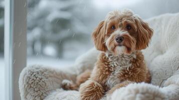 AI generated dog that sits on a white fluffy chair photo