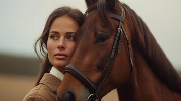 ai generado un retrato de un mujer y su caballo en pie en Perfecto armonía, reflejando cada otros elegancia foto