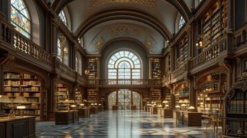 AI generated A grand library with towering shelves, bathed in soft light filtering through stained glass windows photo