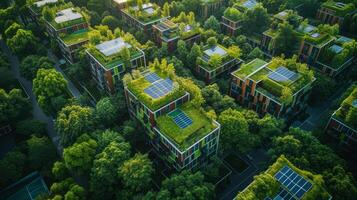 AI generated Aerial view of a bustling city with green rooftops and solar arrays, exemplifying urban sustainability photo