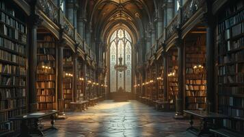 AI generated A grand library with towering shelves, bathed in soft light filtering through stained glass windows photo